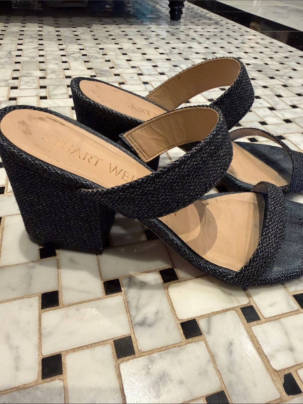 Stuart Weitzman Metallic Black Fabric Block Heel Sandals 7